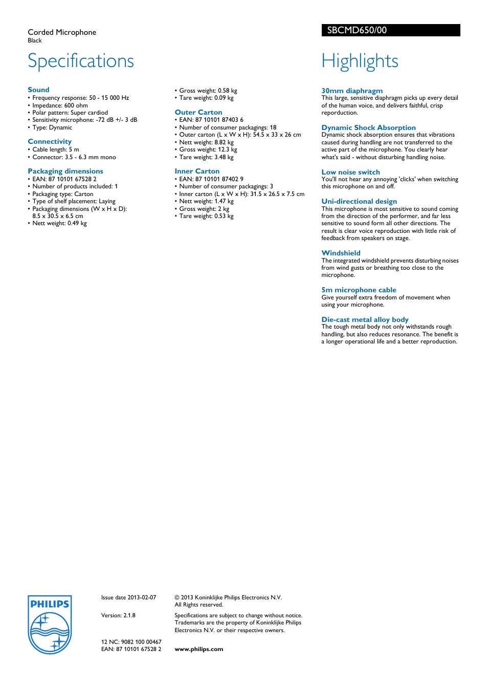 Specifications, Highlights | Philips SBCMD650 User Manual | Page 2 / 2