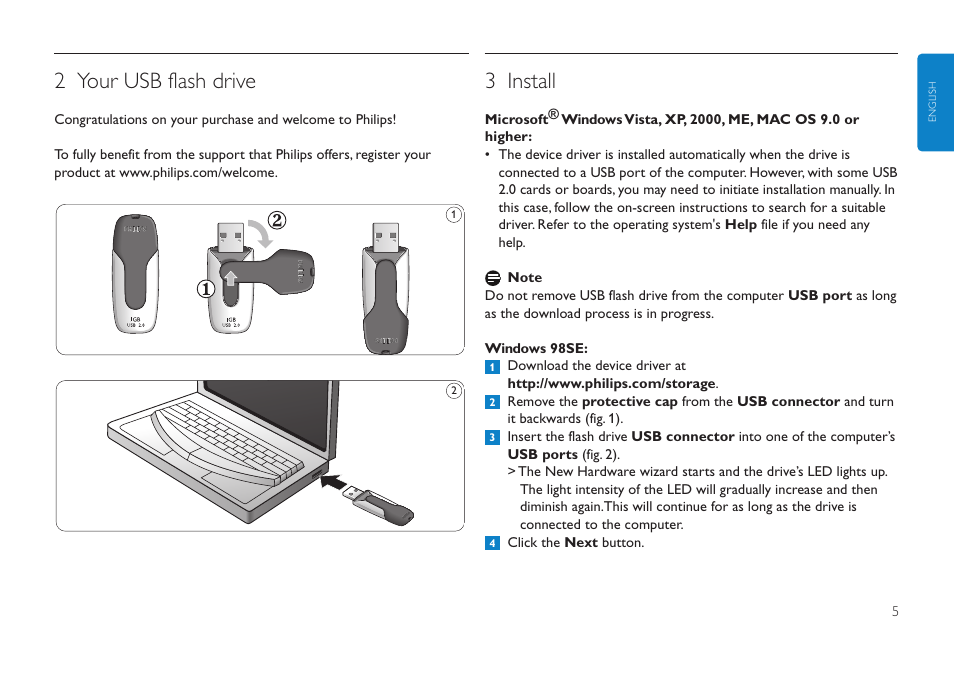 2 your usb flash drive, 3 install | Philips FMXXFD20B User Manual | Page 5 / 10