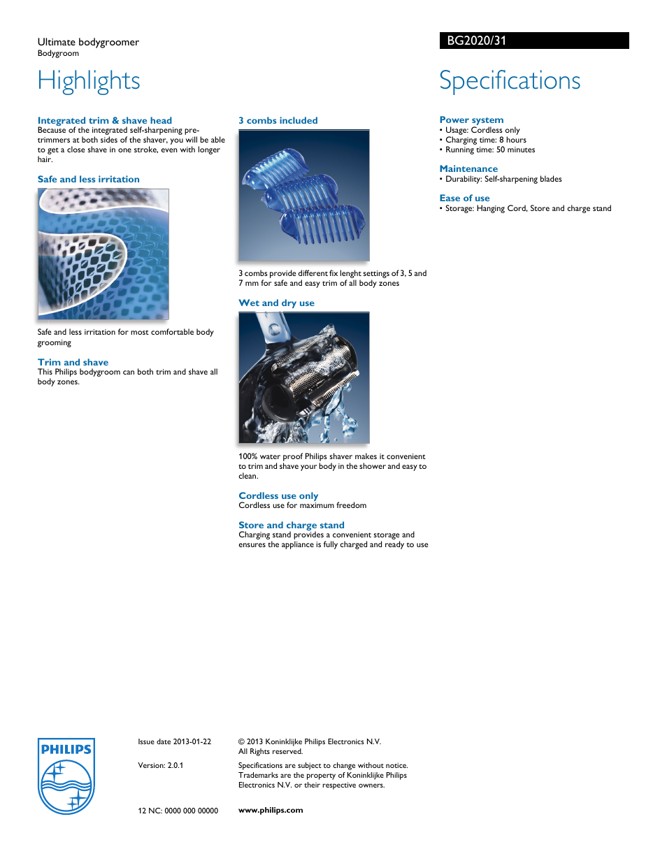 Highlights, Specifications | Philips BG2020 User Manual | Page 2 / 2
