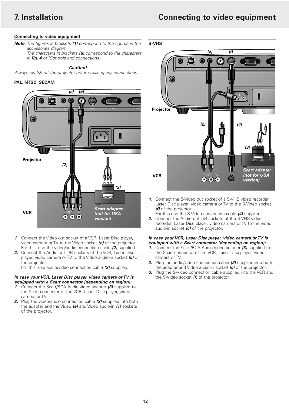 Connecting to video equipment, Installation, Projector | 2) (4) (c) (f), Vcr projector, 2) (c) (e), 12 scart adapter (not for usa version) (3), Scart adapter (not for usa version) (3) | Philips 2 Series User Manual | Page 12 / 23