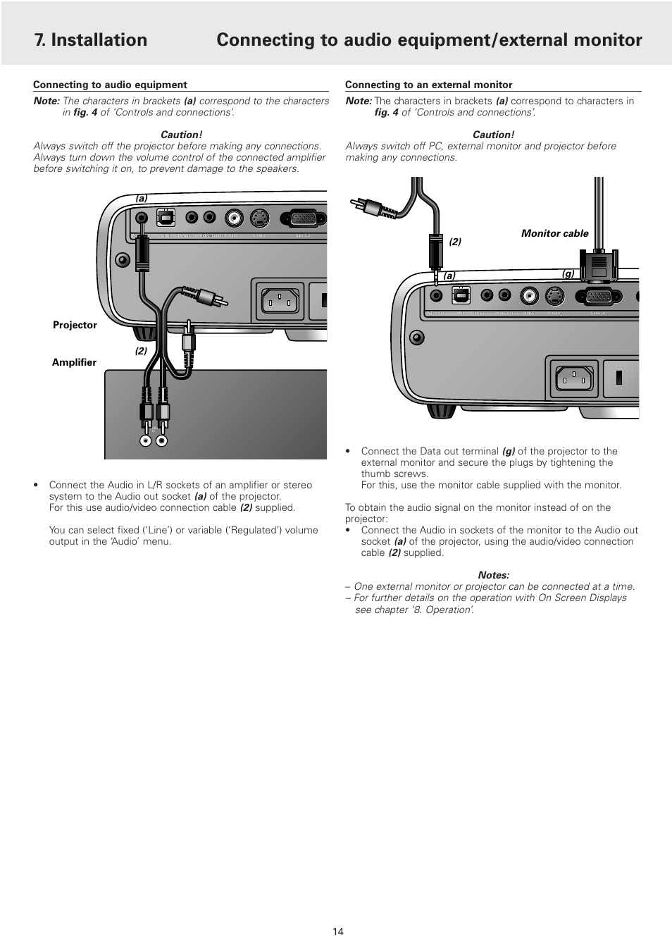 Connecting to audio equipment, Connecting to an external monitor, 2) (a) (g) projector amplifier | 2) (a) | Philips 2 Series User Manual | Page 14 / 23