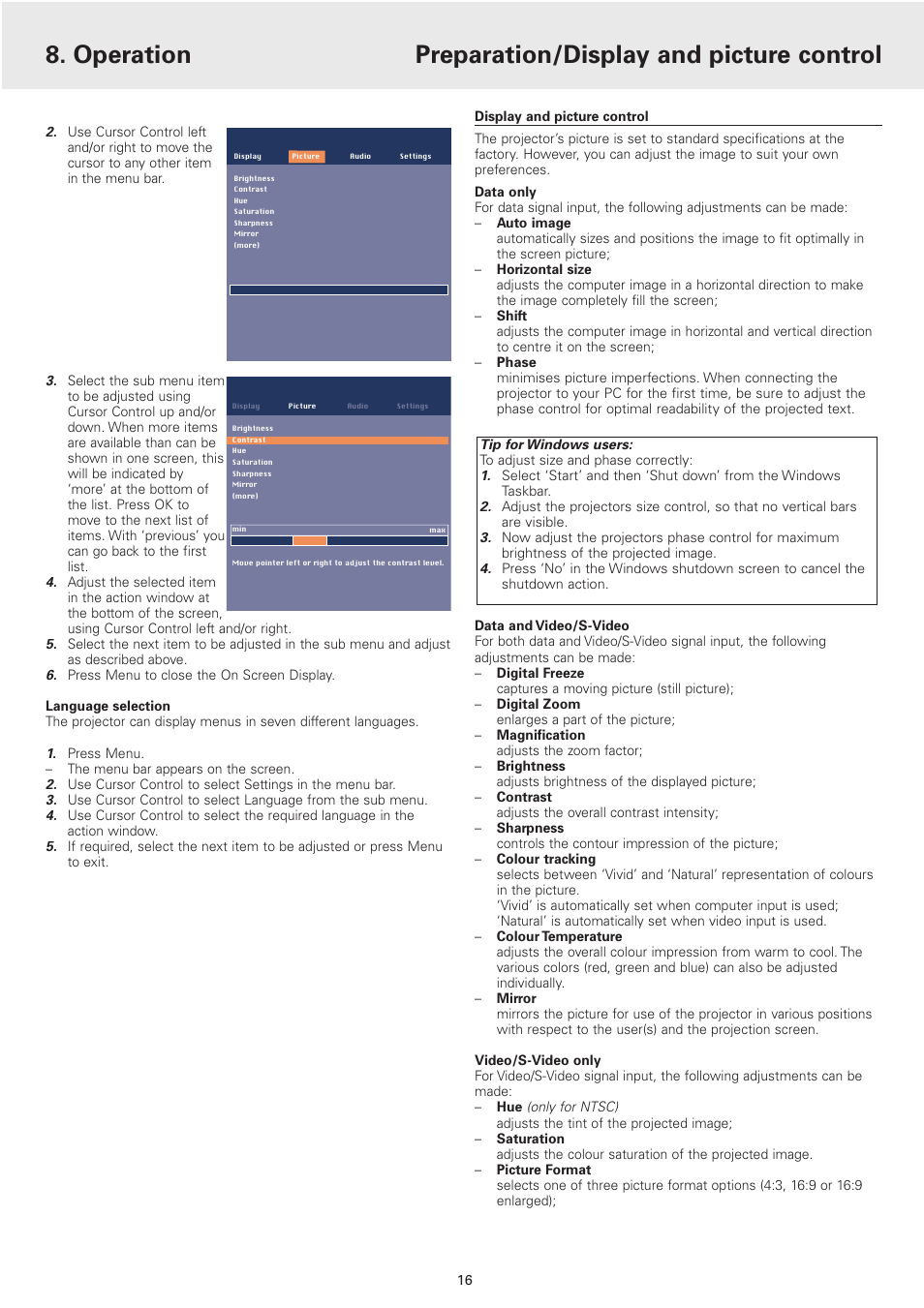 Display and picture control, Operation, Preparation/display and picture control | Philips 2 Series User Manual | Page 16 / 23