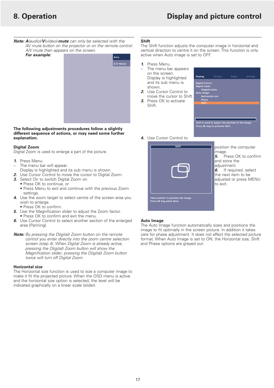 Operation, Display and picture control | Philips 2 Series User Manual | Page 17 / 23