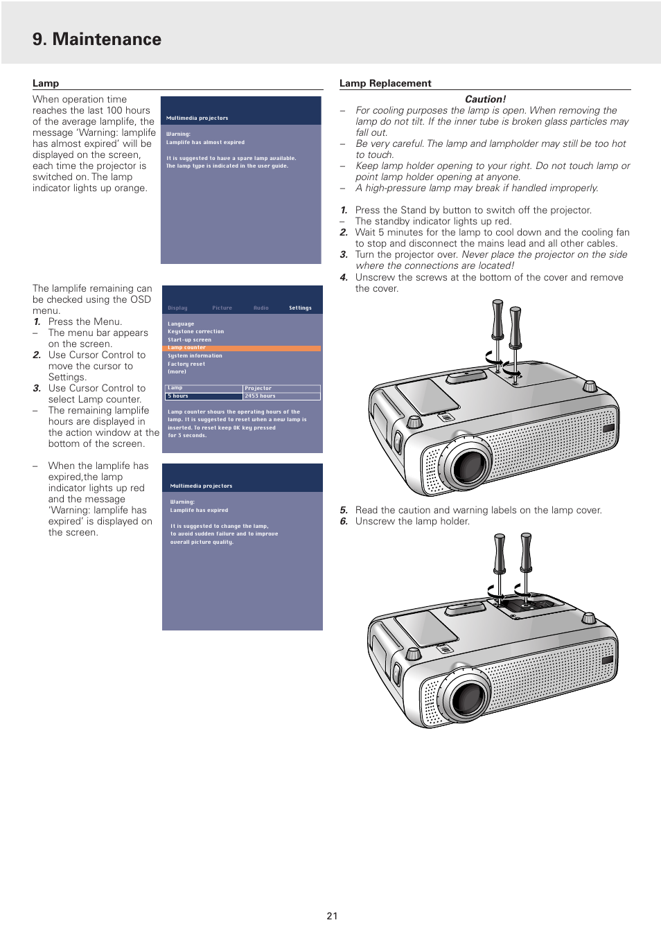 Lamp, Lamp replacement, Maintenance | Philips 2 Series User Manual | Page 21 / 23