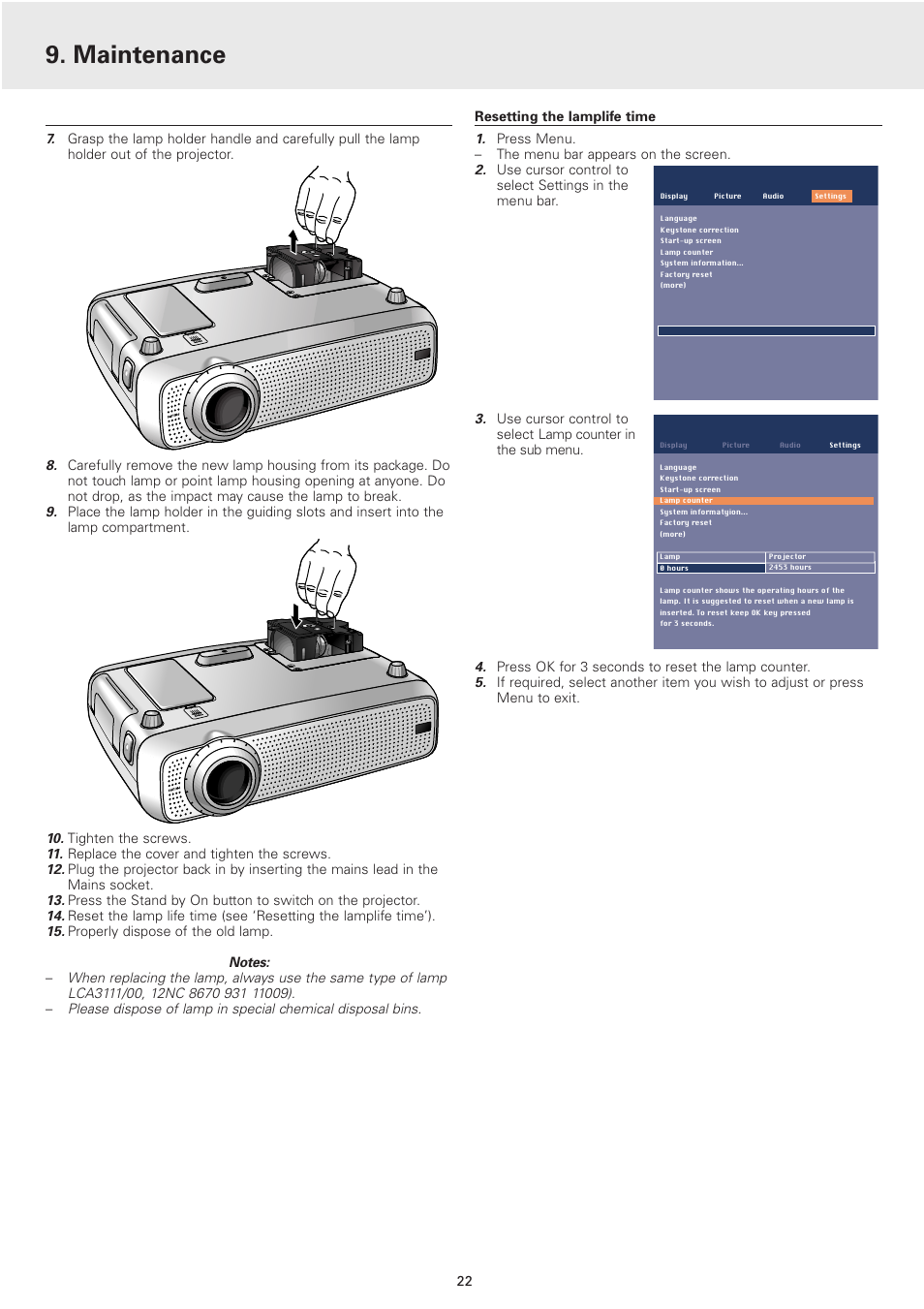 Resetting the lamplife time, Maintenance | Philips 2 Series User Manual | Page 22 / 23