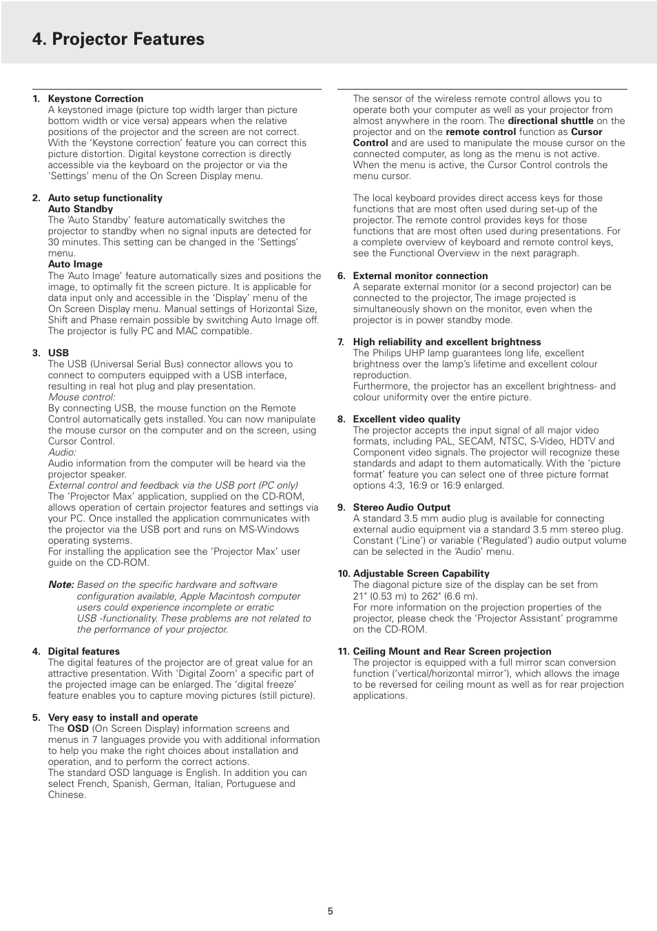 Projector features | Philips 2 Series User Manual | Page 5 / 23