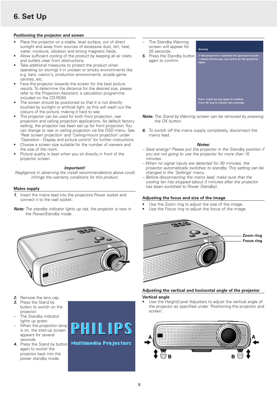 Set up, Positioning the projector and screen, Mains supply | Adjusting the focus and size of the image, Philips | Philips 2 Series User Manual | Page 8 / 23