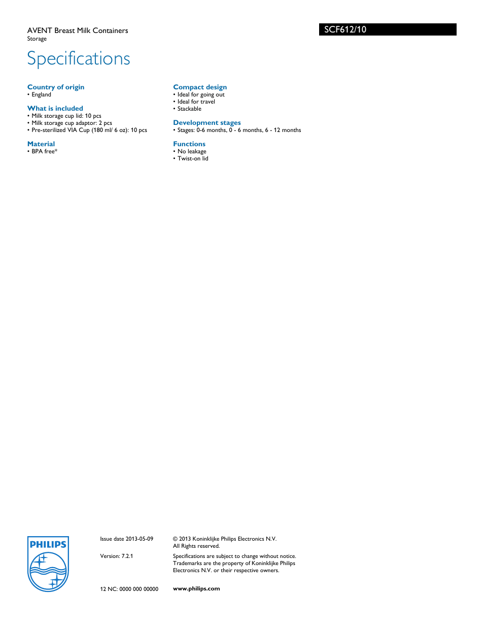 Specifications | Philips AVENT VIA SCF612/10 User Manual | Page 2 / 2