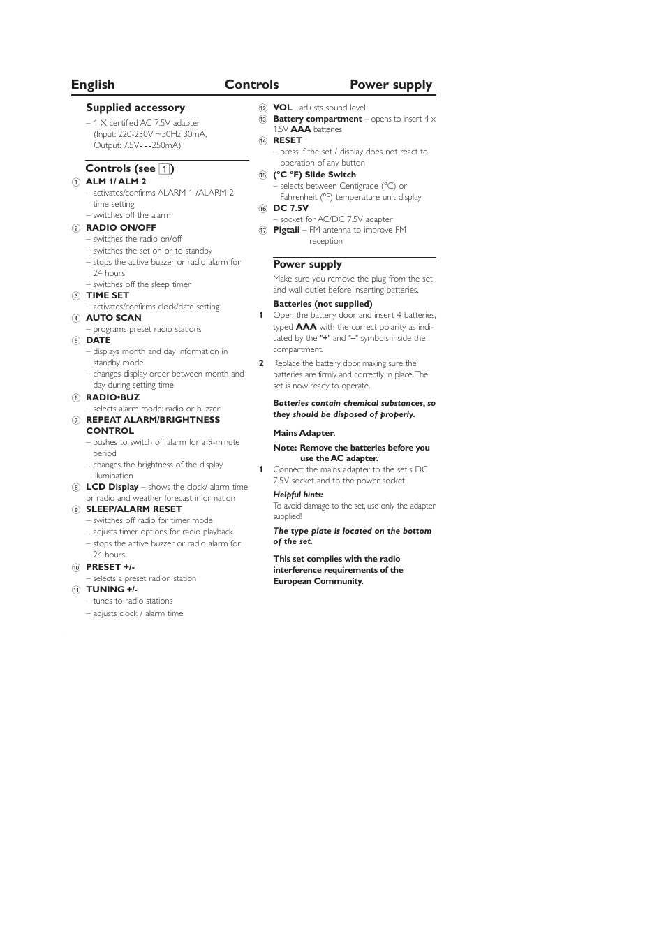 English controls power supply, Supplied accessory, Controls (see 1 ) | Power supply | Philips AJ 210 User Manual | Page 4 / 10