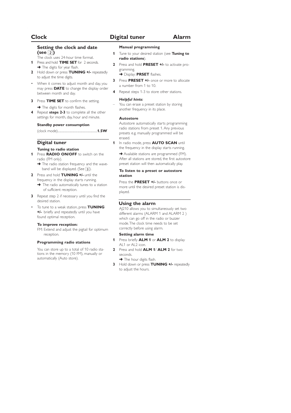 Clock digital tuner alarm, Setting the clock and date (see 2 ), Digital tuner | Using the alarm | Philips AJ 210 User Manual | Page 5 / 10