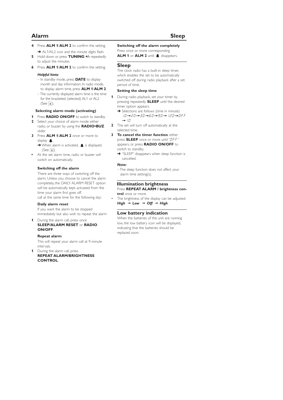 Alarm sleep, Sleep, Illumination brightness | Low battery indication | Philips AJ 210 User Manual | Page 6 / 10
