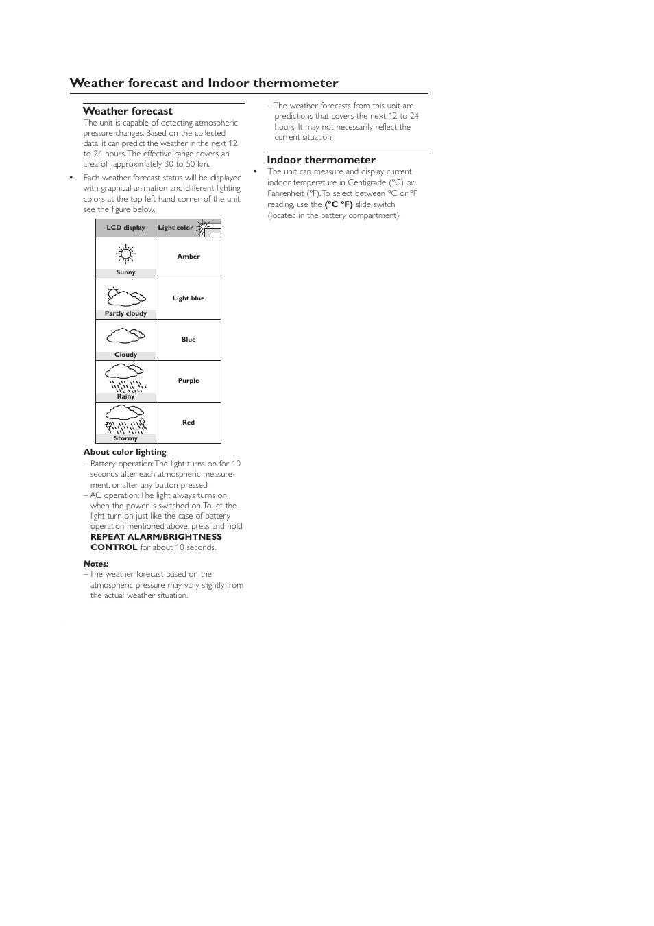 Weather forecast and indoor thermometer, Weather forecast, Indoor thermometer | Philips AJ 210 User Manual | Page 7 / 10