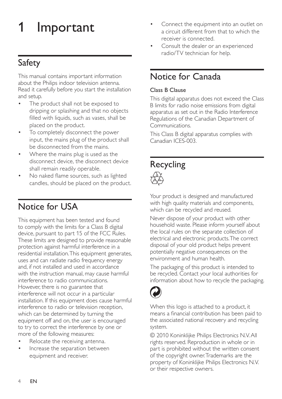 1 important, Safety, Notice for usa | Notice for canada, Recycling | Philips SDV1121T/27 User Manual | Page 4 / 10