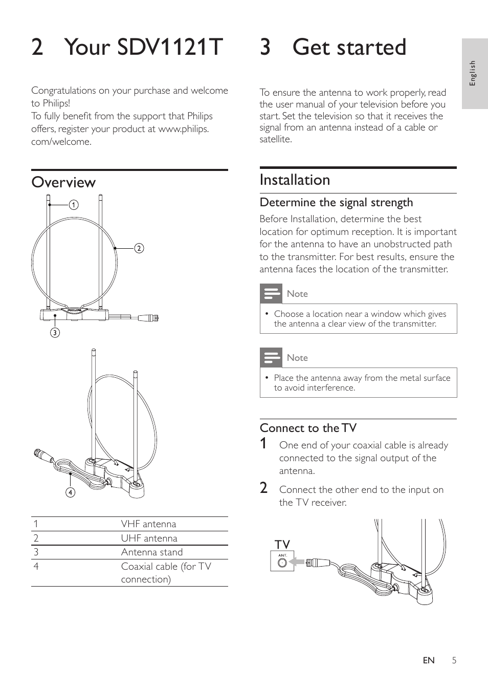 2 your sdv1121, Overview, 2 your sdv1121t | 3 get started, Installation | Philips SDV1121T/27 User Manual | Page 5 / 10