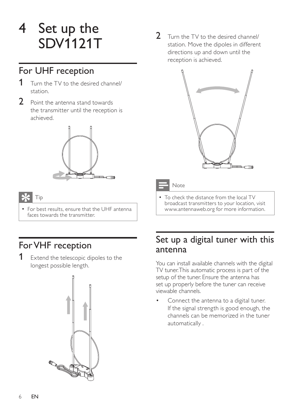 3 get started, Installation, Determine the signal strength | Connect to the tv, 4 set up the sdv1121t, For uhf reception, For vhf reception, Set up a digital tuner with this antenna, Set up a digital tuner with this antenna 6 | Philips SDV1121T/27 User Manual | Page 6 / 10