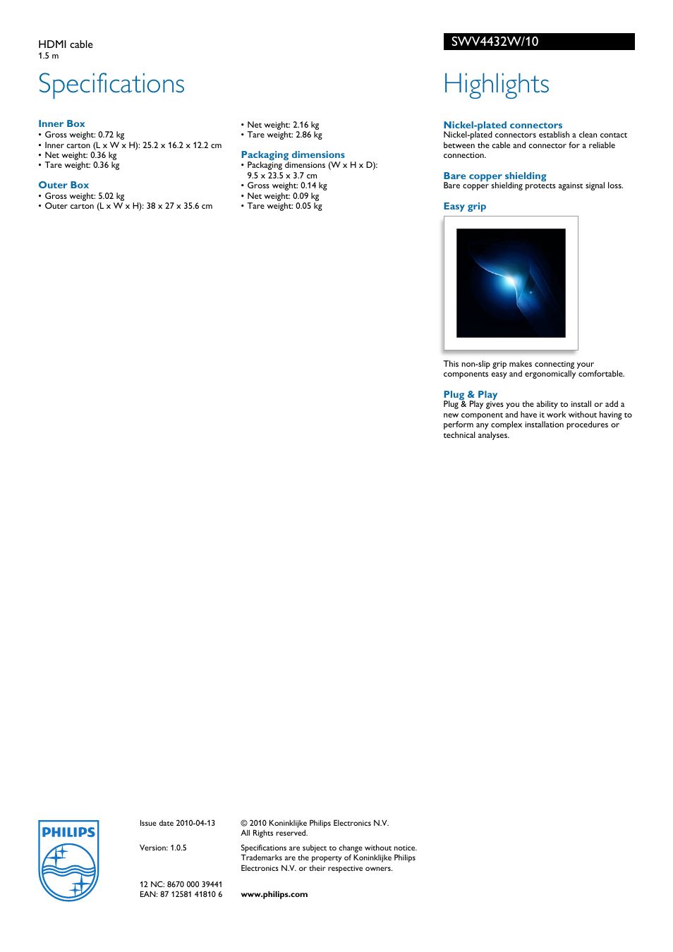 Specifications, Highlights | Philips HDMI SWV4432W/10 User Manual | Page 2 / 2