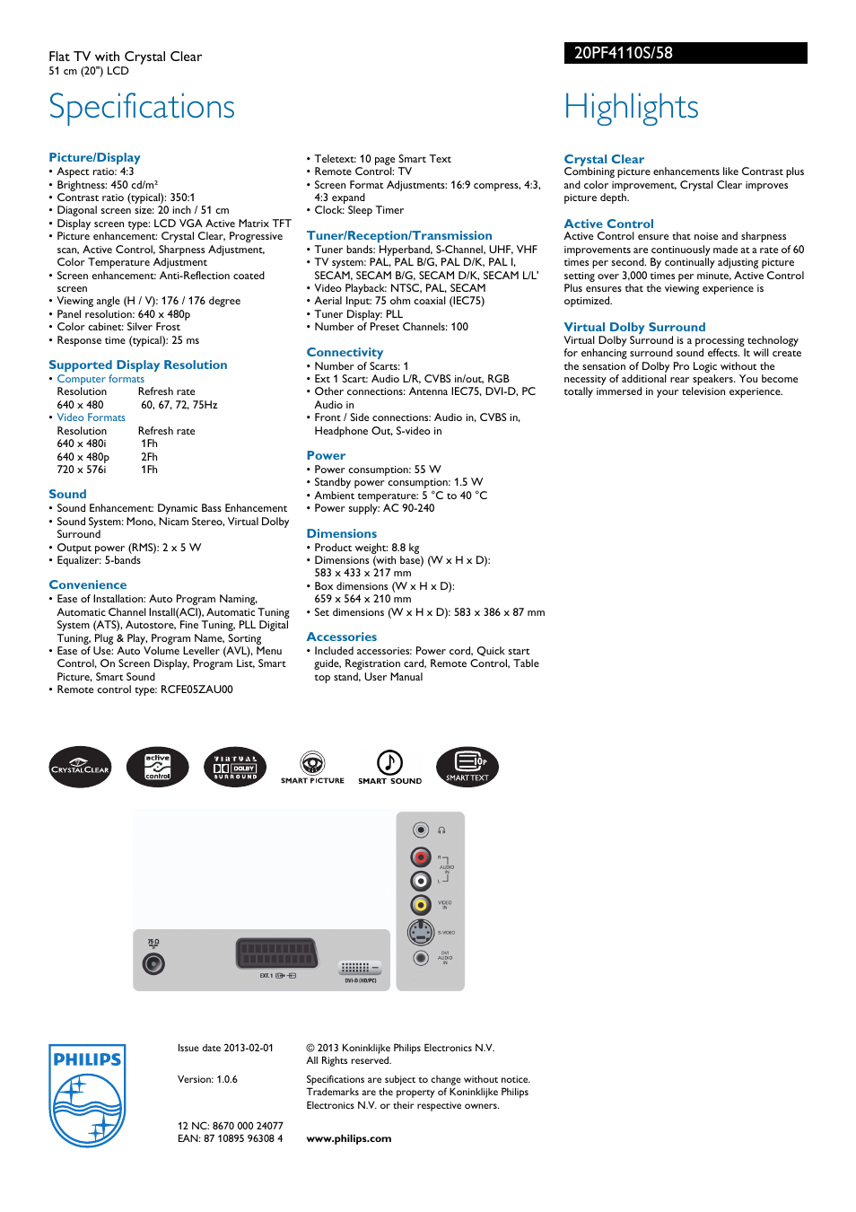 Specifications, Highlights | Philips 20PF4110S User Manual | Page 2 / 2