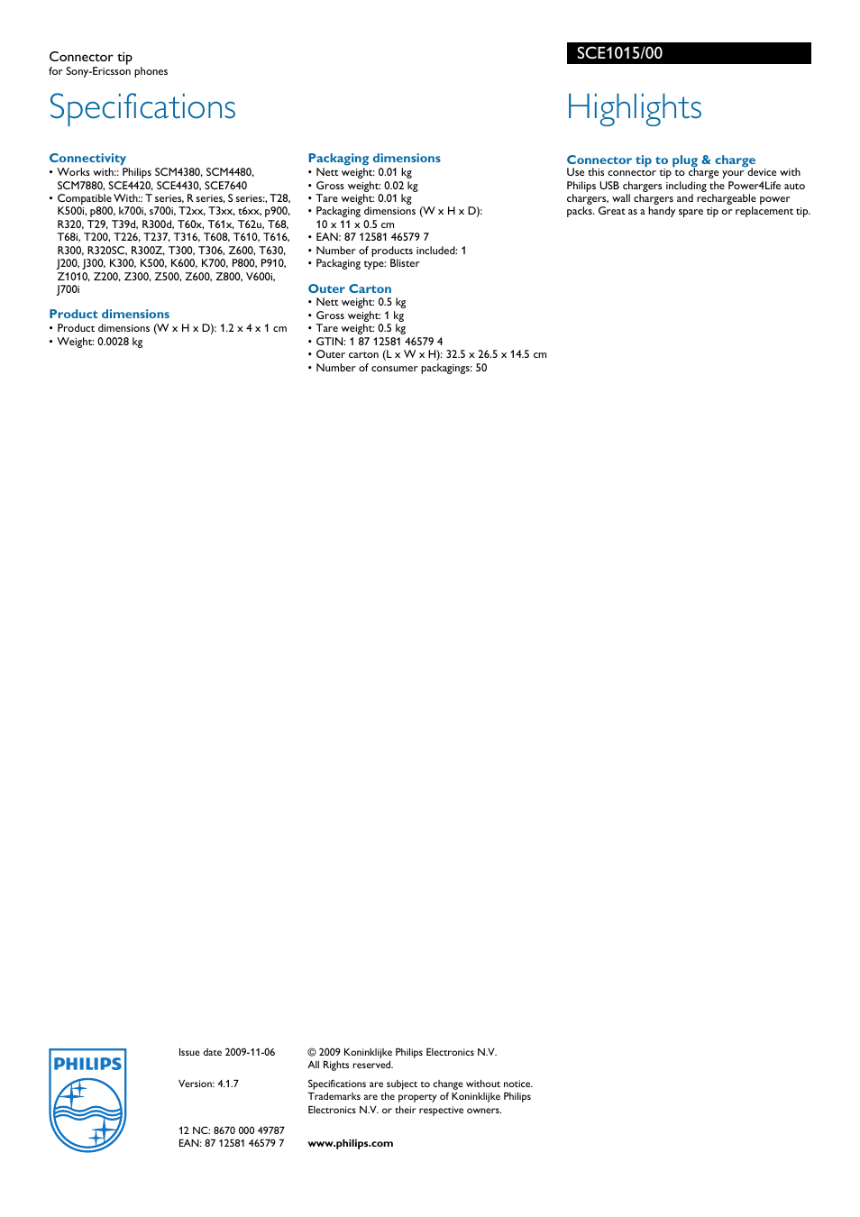 Specifications, Highlights | Philips SCE1015 User Manual | Page 2 / 2