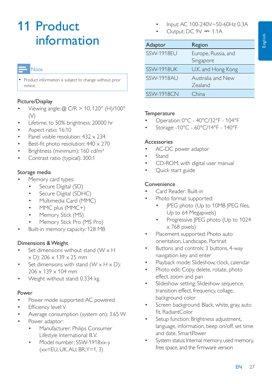 11 product information | Philips SPF1307 User Manual | Page 28 / 32