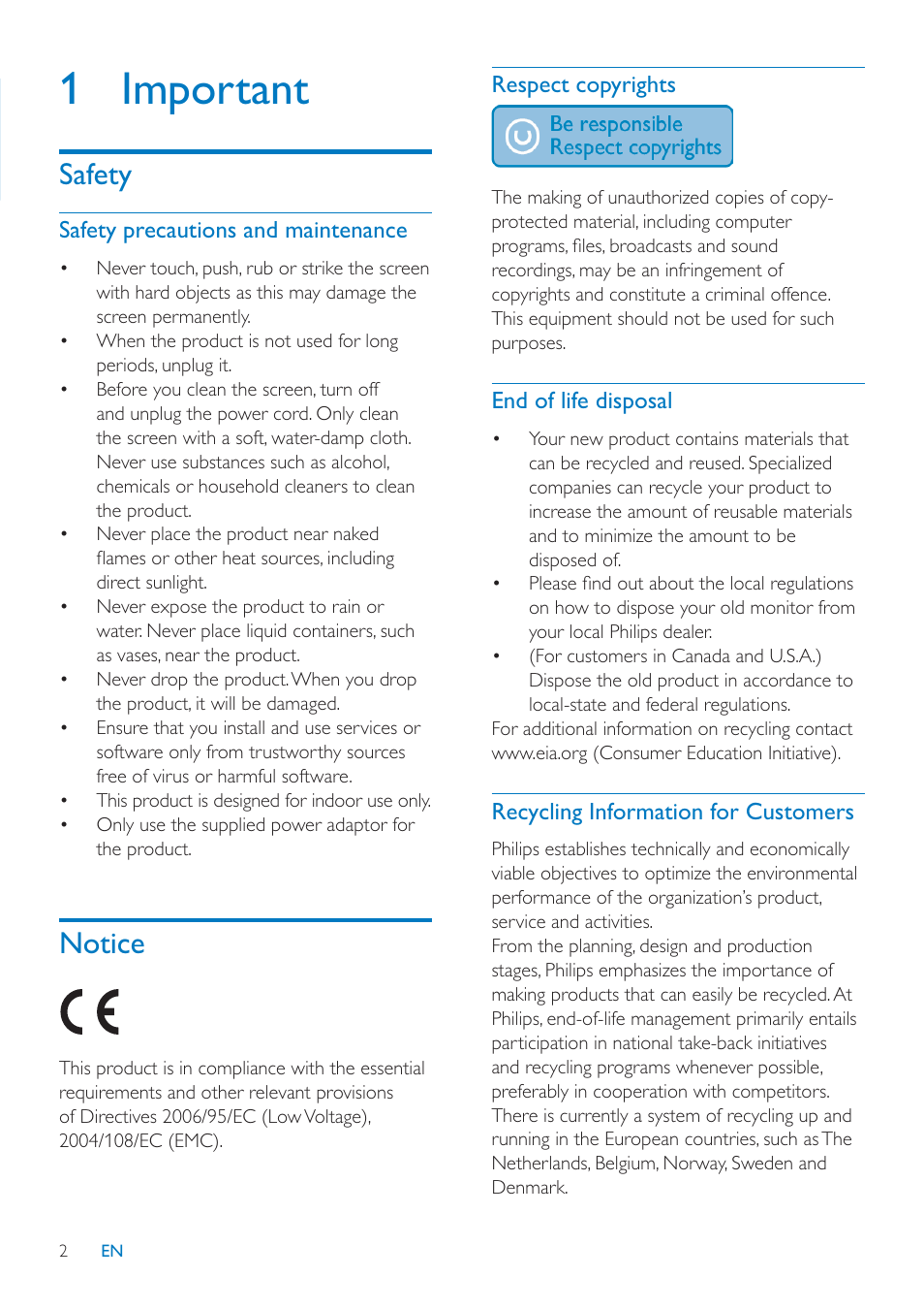 1 important, Safety, Notice | Philips SPF1307 User Manual | Page 3 / 32