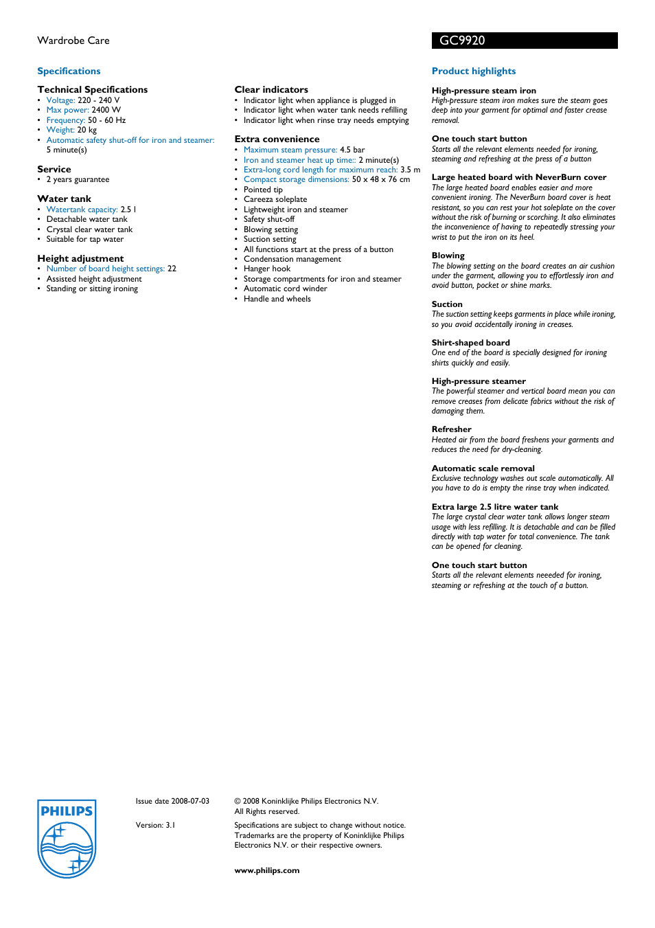 Gc9920 | Philips GC9920 User Manual | Page 2 / 2