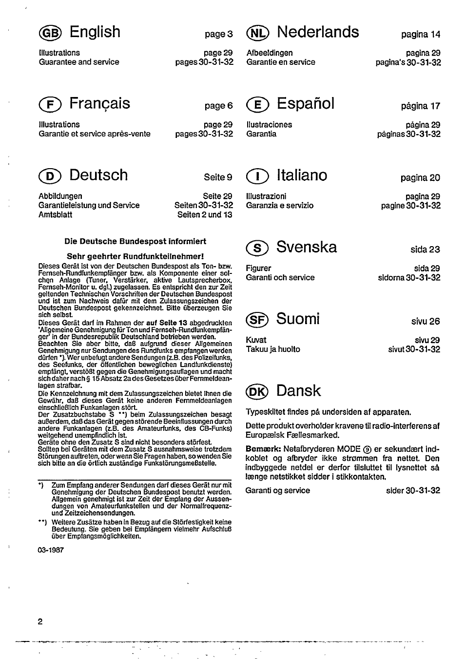 G) english, Nederlands, Français | D español, Deutsch, 9 (t) italiano, S) svenska, G) suomi, Dansk | Philips D 8278 User Manual | Page 2 / 10