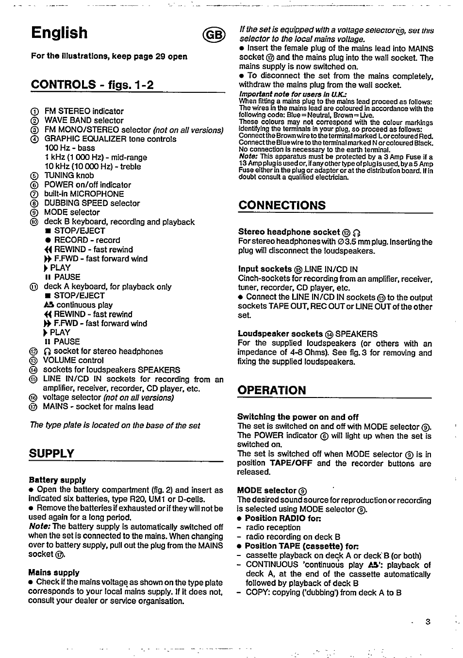 English, Controls - figs. 1-2, Connections | Operation, Supply | Philips D 8278 User Manual | Page 3 / 10