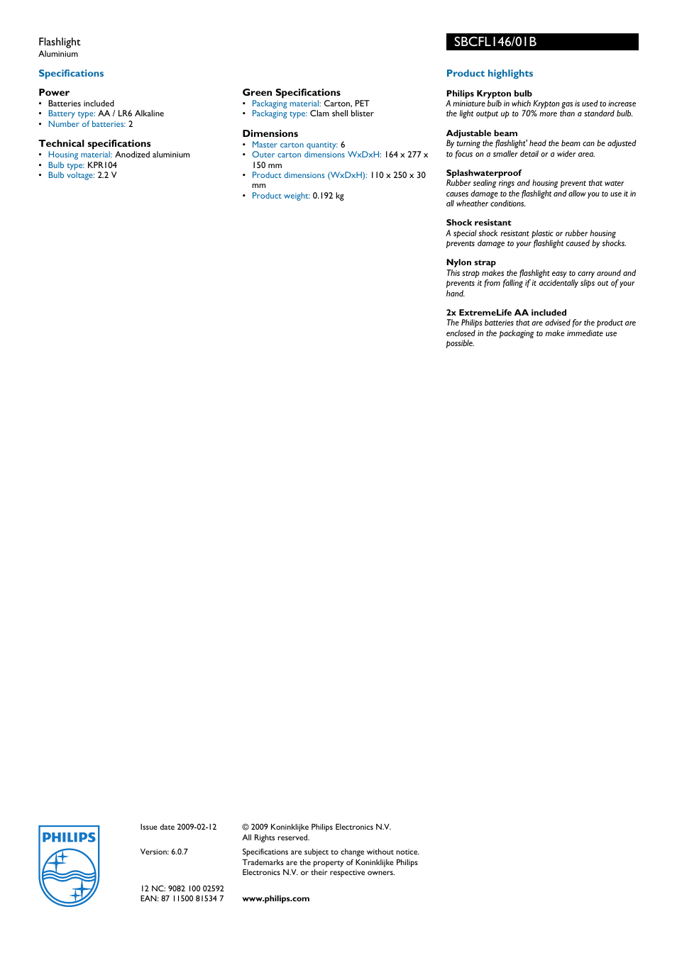Product highlights, Sbcfli46/0ib, Philips | Philips SBCFL146 User Manual | Page 2 / 2