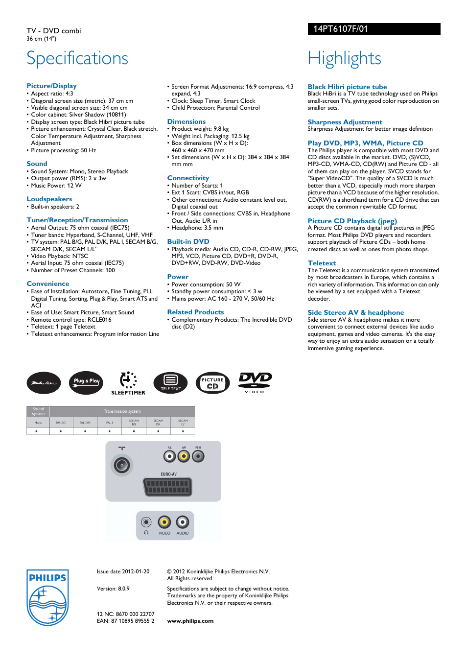 Specifications, Highlights | Philips 14PT6107F User Manual | Page 2 / 2