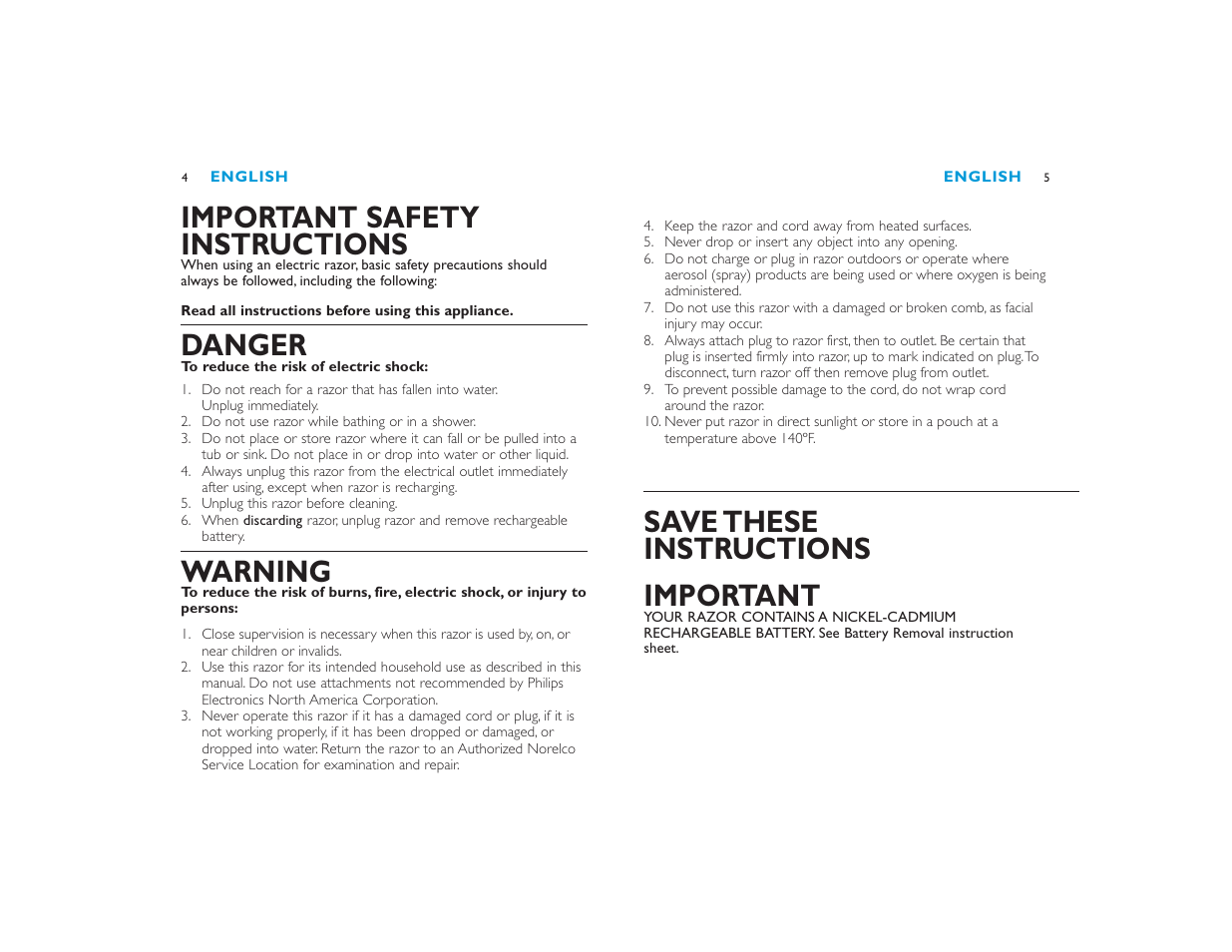 Save these instructions important, Important safety instructions, Danger | Warning | Philips 6613X User Manual | Page 3 / 19