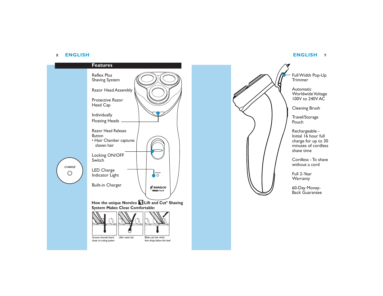 Features, English, How the unique norelco lift and cut | Shaving system makes close comfortable | Philips 6613X User Manual | Page 5 / 19