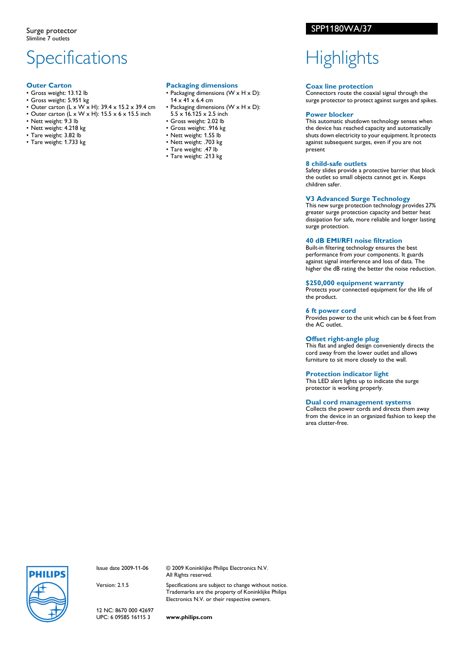 Specifications, Highlights | Philips Slimline SPP1180WA/37 User Manual | Page 2 / 2