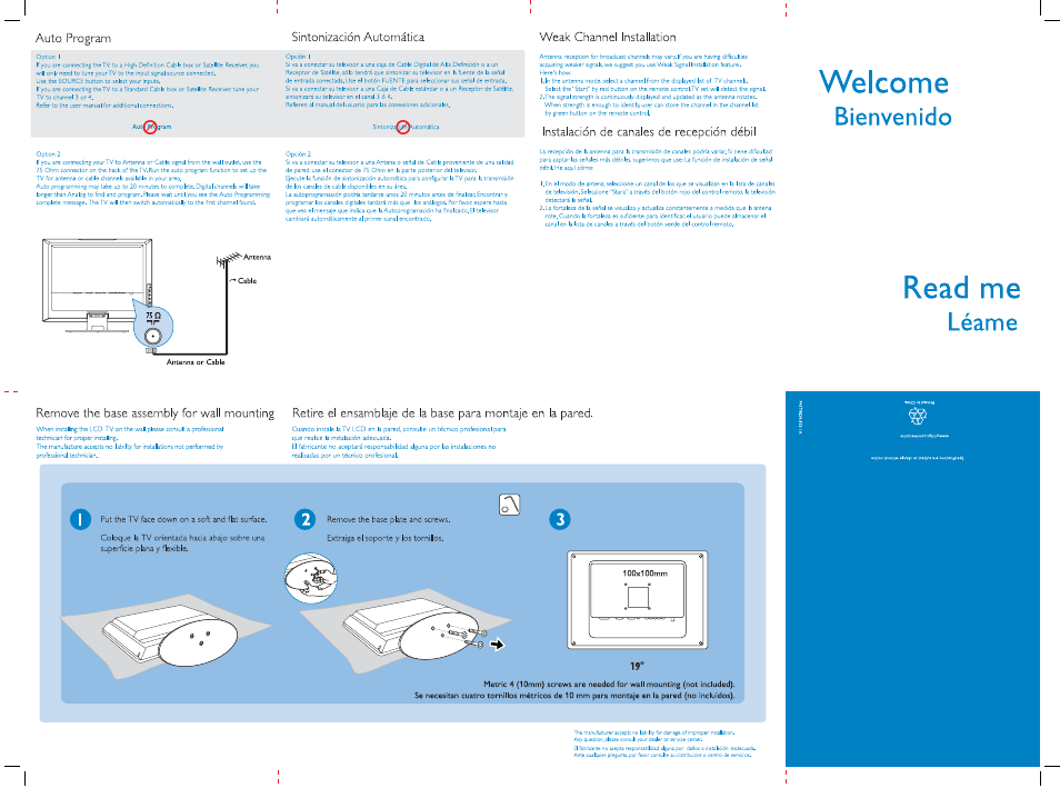 Auto program, Sintonización automática, Weak channel installation | Instalación de canales de recepción débil, Read me, Welcome, Bienvenido, Léame | Philips 19PFL4322/45 User Manual | Page 2 / 2