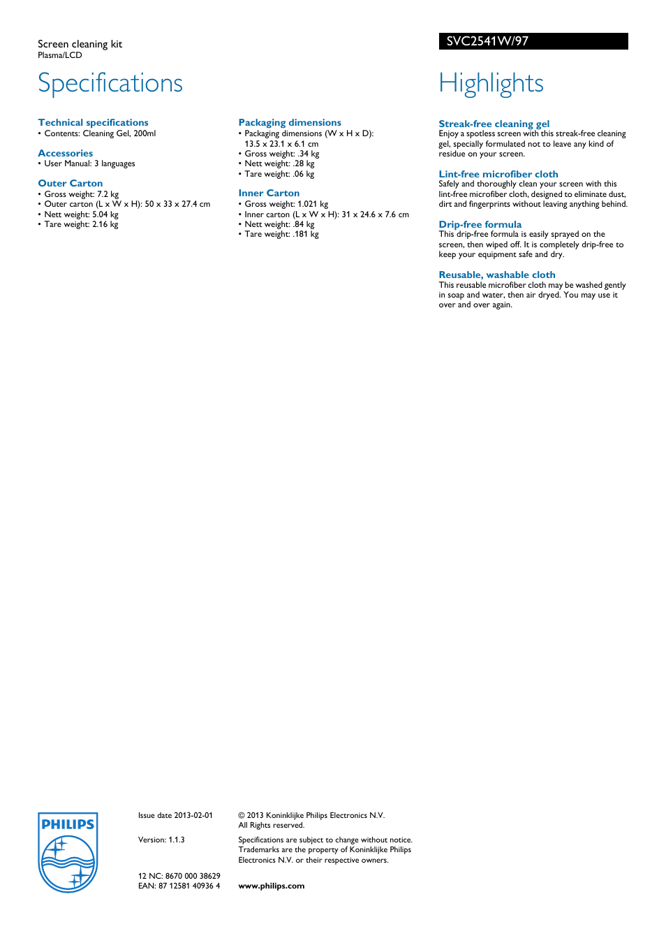 Specifications, Highlights | Philips SVC2541W User Manual | Page 2 / 2