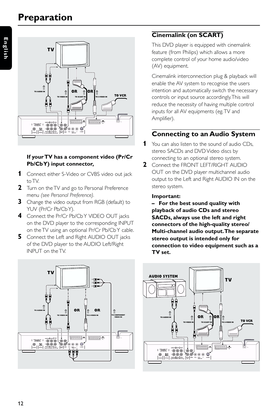 Preparation, Connecting to an audio system 1, Cinemalink (on scart) | 12 english, Audio system | Philips DVD763SA User Manual | Page 12 / 32