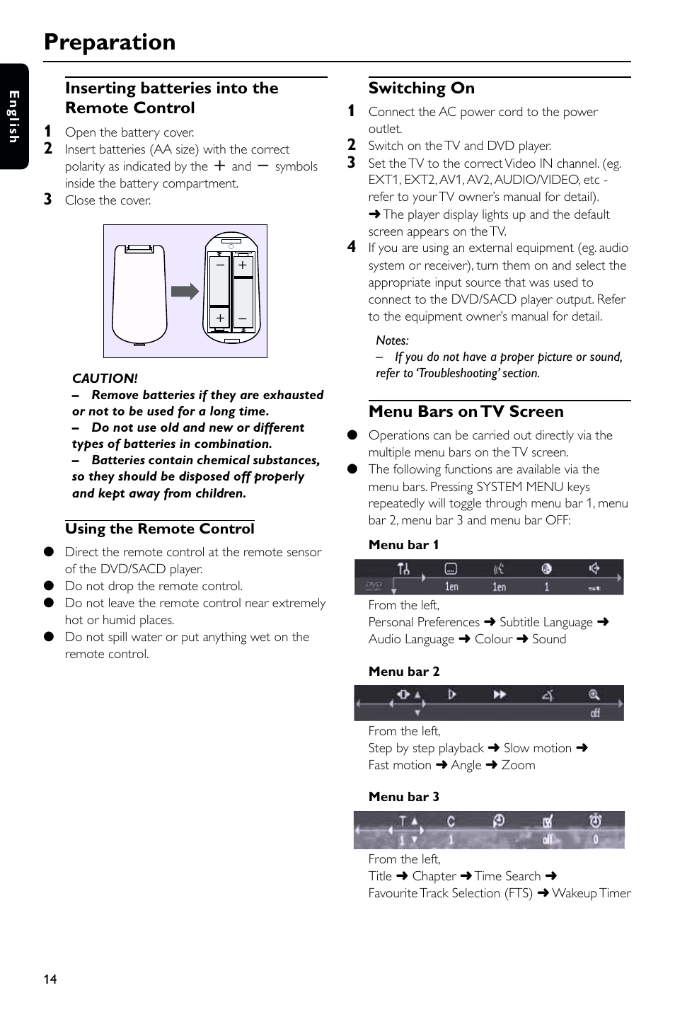 Preparation, Inserting batteries into the remote control 1, Switching on 1 | Menu bars on tv screen | Philips DVD763SA User Manual | Page 14 / 32