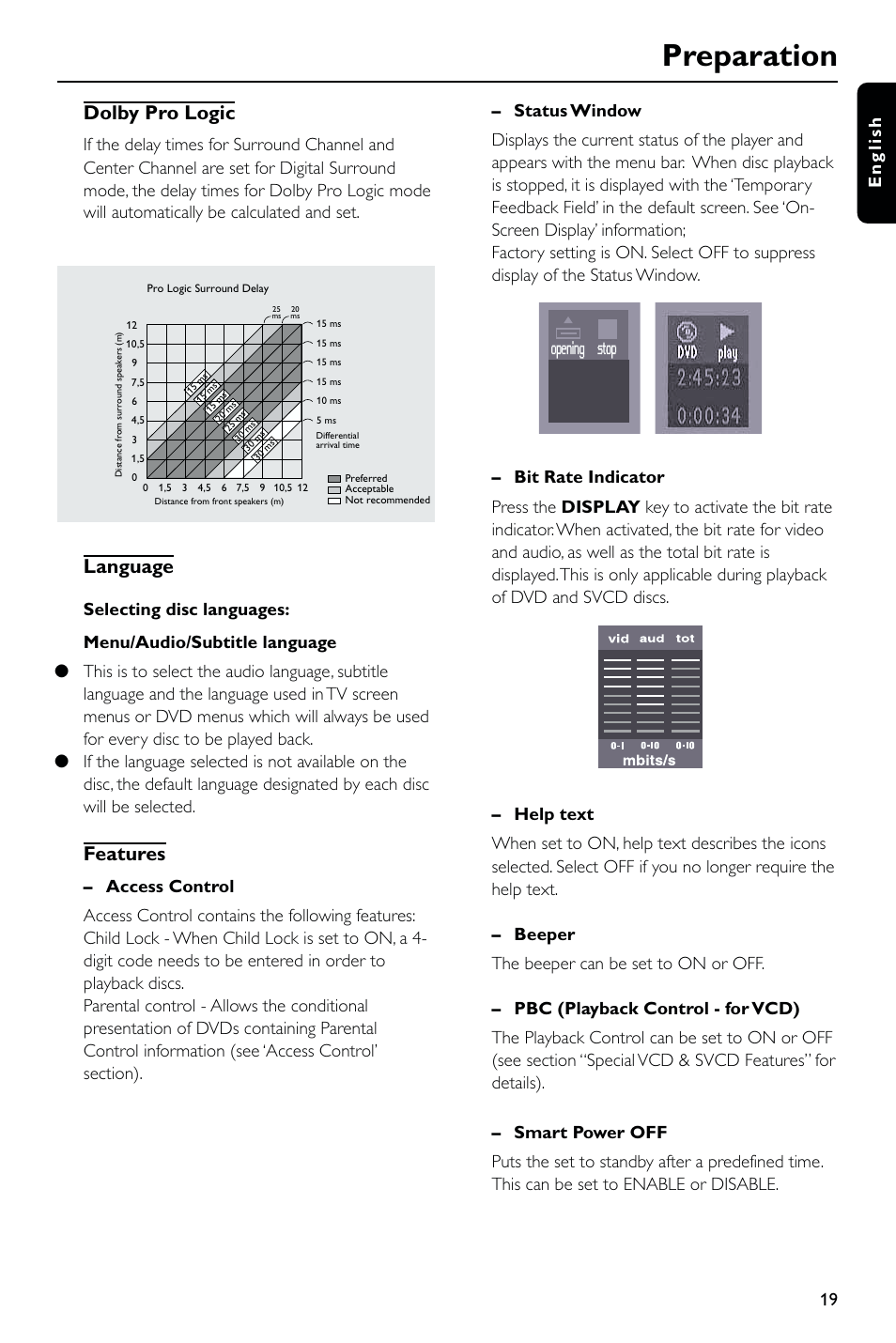 Preparation, Dolby pro logic, Language | Features, 19 english | Philips DVD763SA User Manual | Page 19 / 32