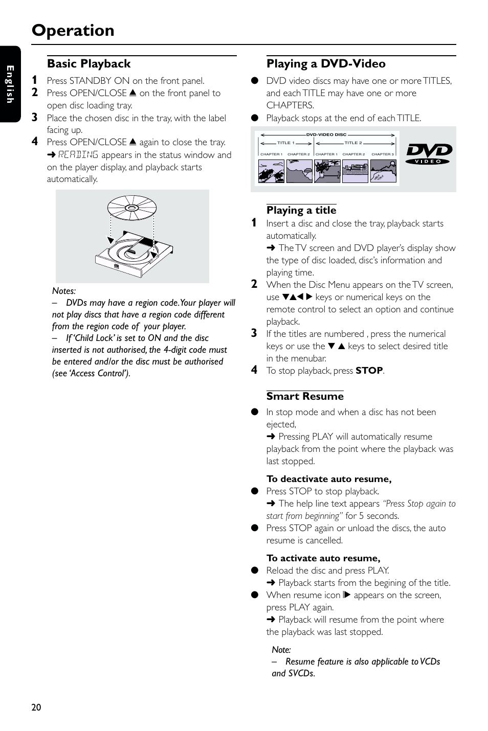 Operation, Basic playback 1, Playing a dvd-video | Philips DVD763SA User Manual | Page 20 / 32