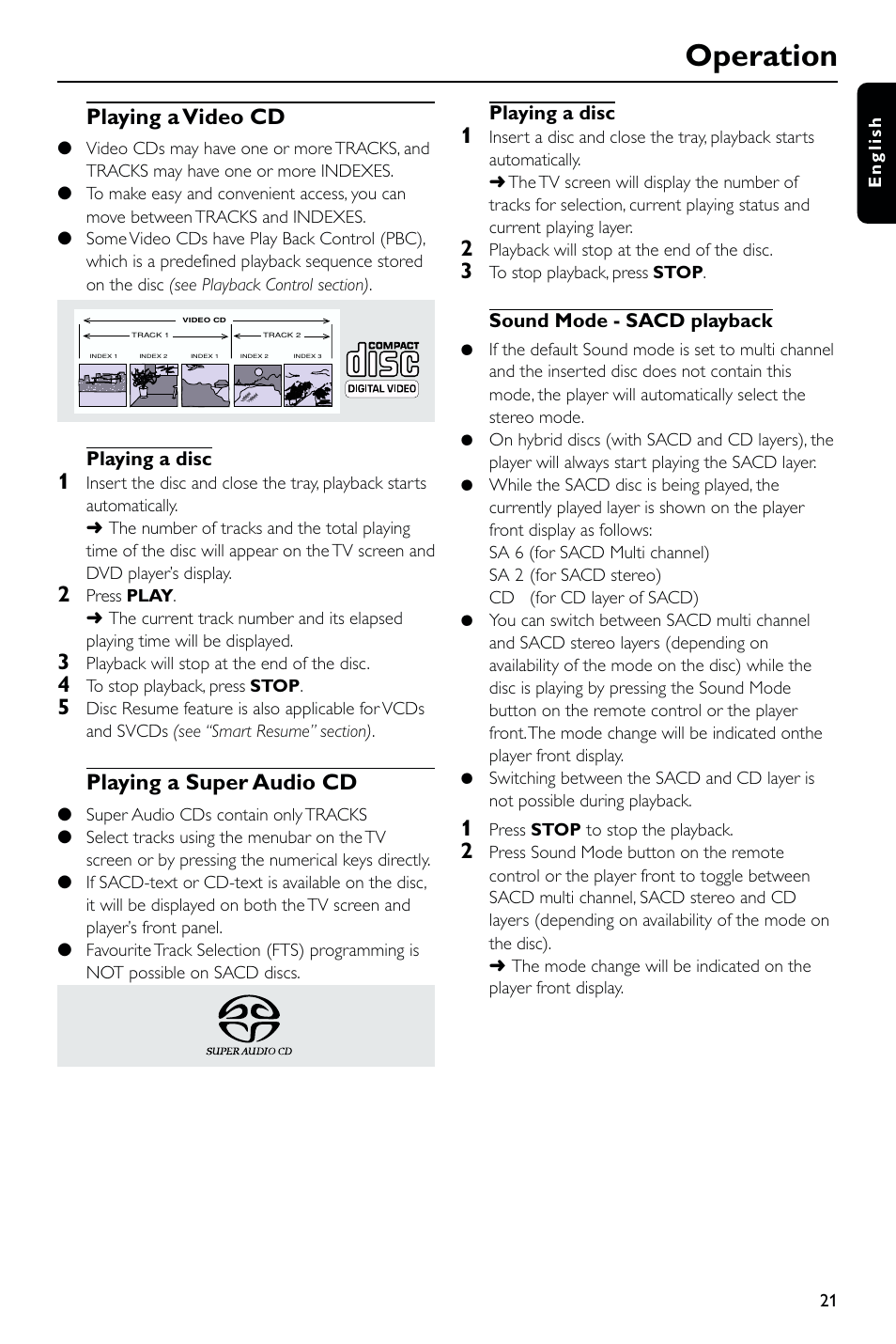 Operation, Playing a video cd, Playing a super audio cd | Philips DVD763SA User Manual | Page 21 / 32