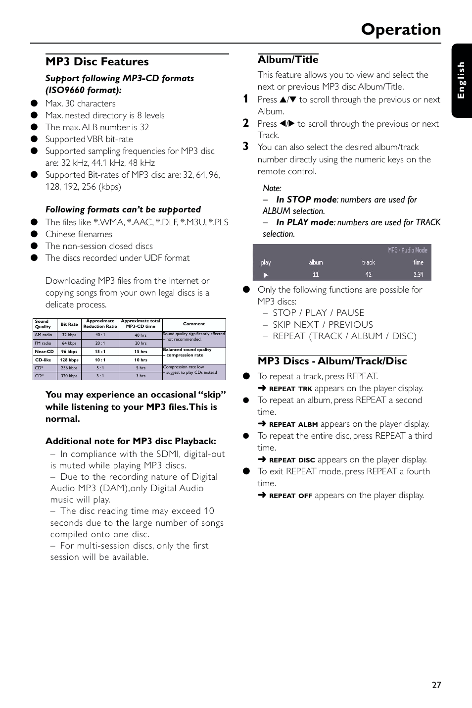 Operation, Mp3 disc features, Album/title | Mp3 discs - album/track/disc, 27 english, Appears on the player display | Philips DVD763SA User Manual | Page 27 / 32