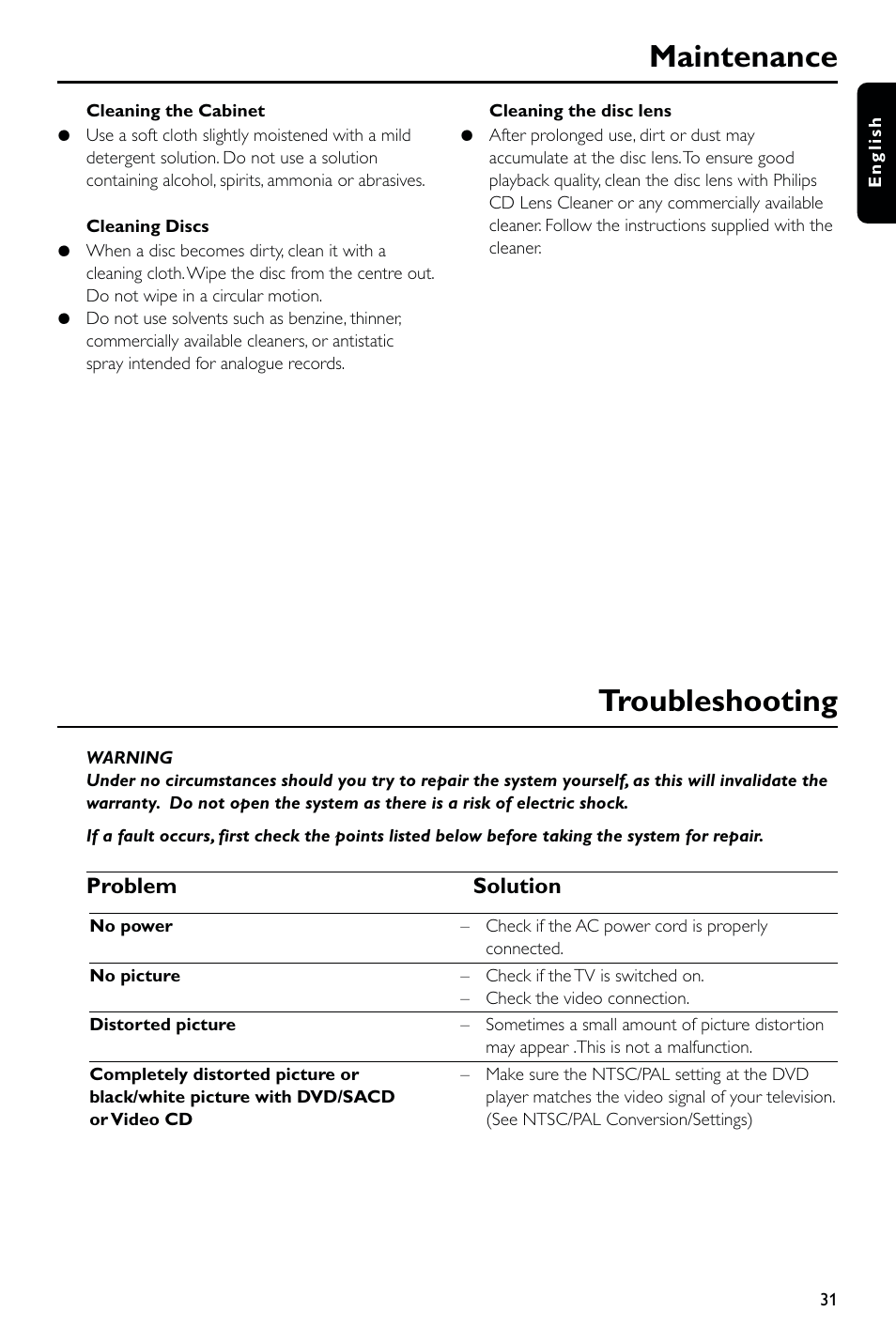 Maintenance troubleshooting, Problem solution | Philips DVD763SA User Manual | Page 31 / 32