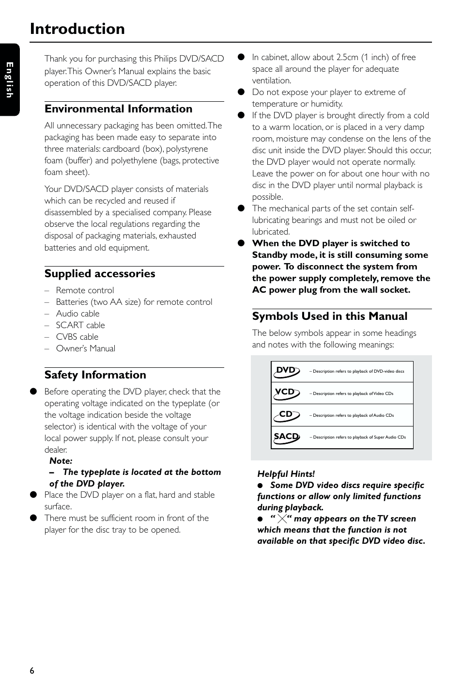 Introduction, Environmental information, Supplied accessories | Safety information, Symbols used in this manual | Philips DVD763SA User Manual | Page 6 / 32