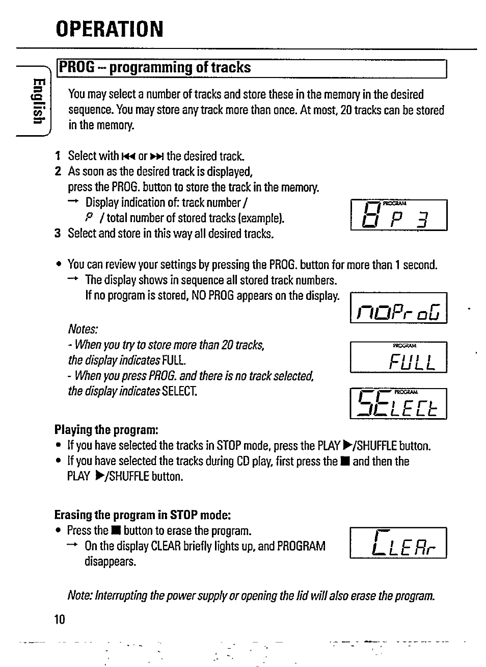 Lupr ou, Operation, Dtiech | Prog - programming of tracks | Philips AZ 7167 User Manual | Page 10 / 20