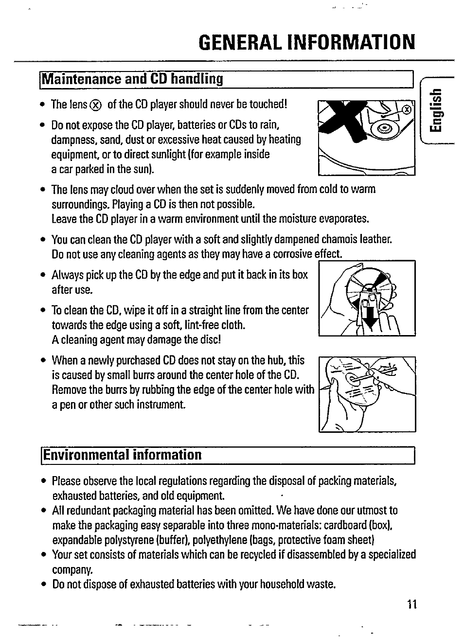 General information, Maintenance and cd handling, Environmental information | Philips AZ 7167 User Manual | Page 11 / 20