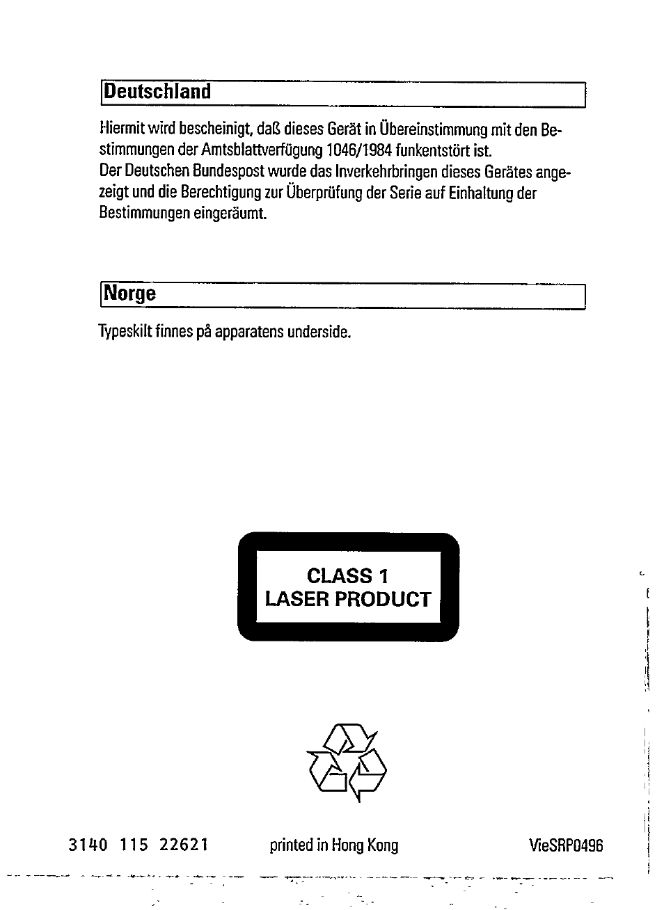 Deutschland, Norge | Philips AZ 7167 User Manual | Page 20 / 20