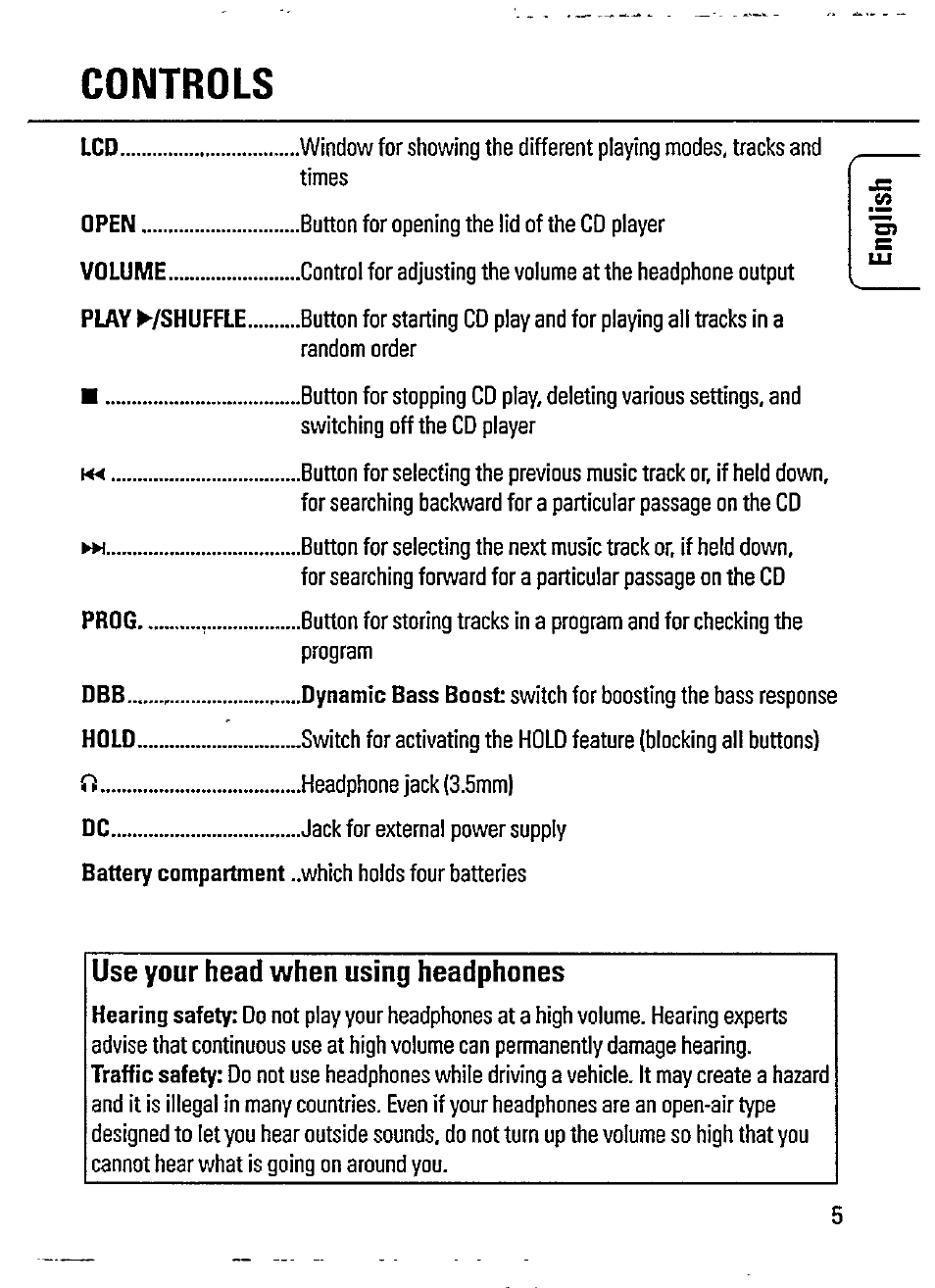 Controls, Use your head when using headphones | Philips AZ 7167 User Manual | Page 5 / 20