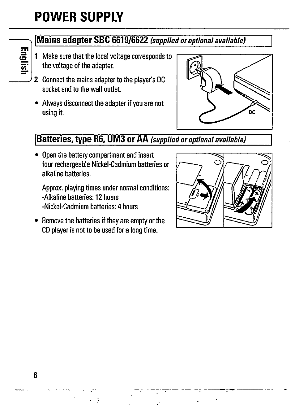 Power supply, Batteries, type r6, um3 or aa | Philips AZ 7167 User Manual | Page 6 / 20