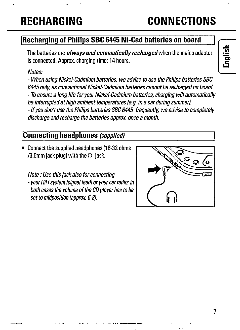 Recharging connections, Connecting headphones | Philips AZ 7167 User Manual | Page 7 / 20