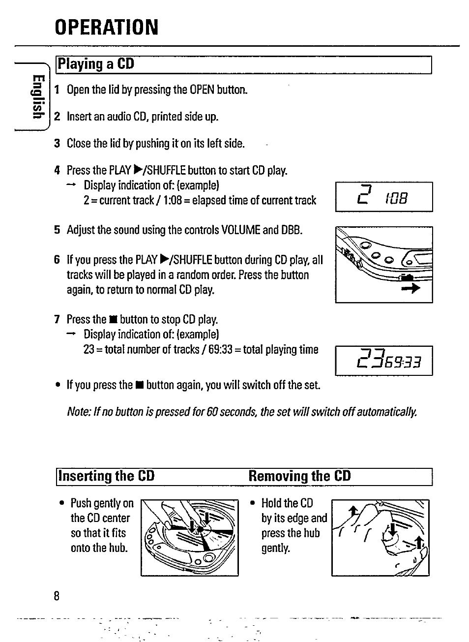 Operation, Playing a cd, Inserting the cd removing the cd | Philips AZ 7167 User Manual | Page 8 / 20