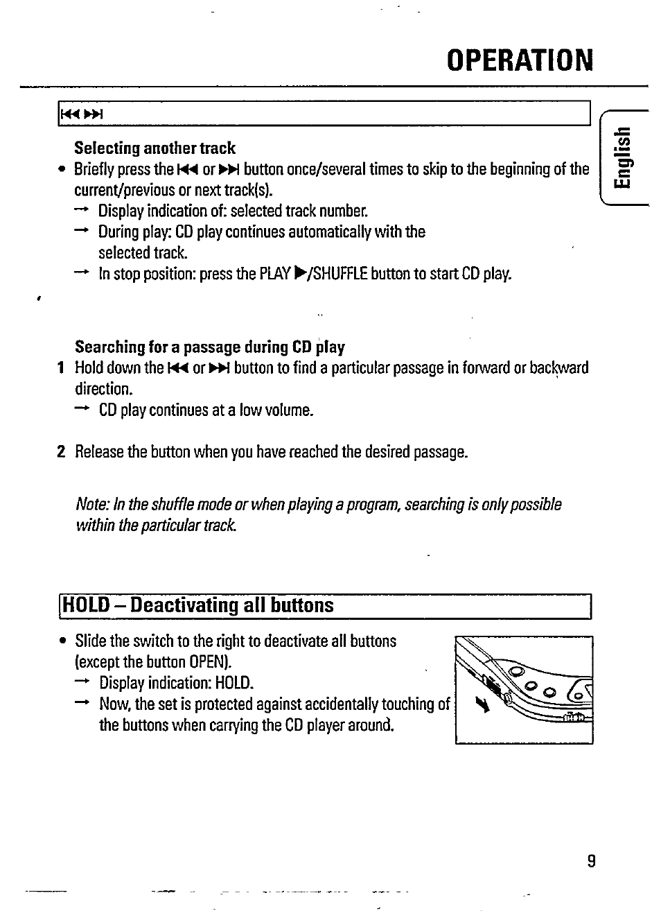 Operation, Hold - deactivating all buttons | Philips AZ 7167 User Manual | Page 9 / 20